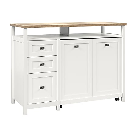 Sauder® Cottage Road TV Credenza For 55" TVs With Hidden Pull-Out Desk, 39"H x 53-1/8"W x 21-3/4"D, White/Lintel Oak