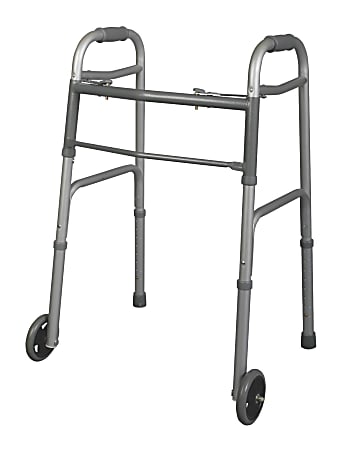 Medline Junior Adjustable Aluminum/Steel 2-Button Folding Walker, 32" - 38"H, With 5" Wheels