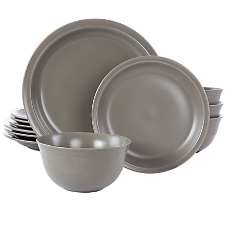 Gibson Home Siam 12-Piece Round Stoneware Dinnerware Set, Warm Gray
