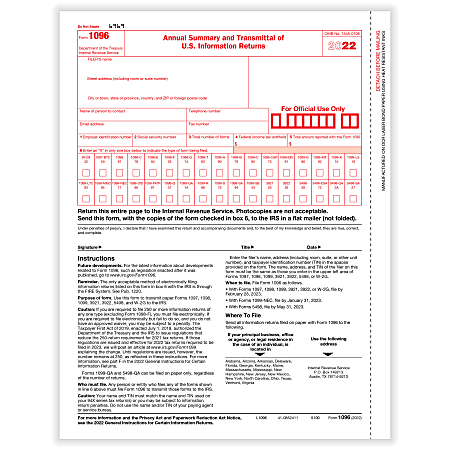 ComplyRight™ 1096 Transmittal Tax Forms, Laser, 8-1/2" x 11", Pack Of 50 Forms