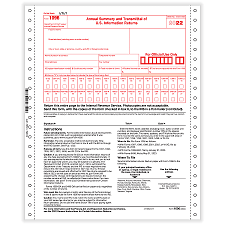 ComplyRight™ 1096 Transmittal Tax Forms, Continuous, 9" x 11", Pack Of 100 Forms