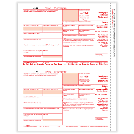 ComplyRight™ 1098 Tax Forms, 2-Up, Federal Copy A, Laser, 8-1/2" x 11", Pack Of 100 Forms