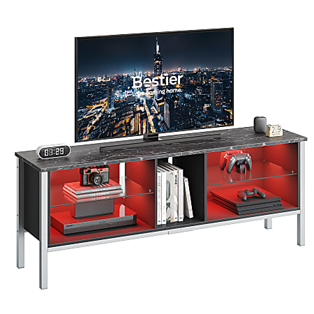 Bestier 63" Gaming TV Stand For 70" TV With LED Light & Modern Glass Shelves, 22-1/16”H x 63”W x 15-3/4”D, Black Marble