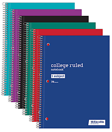 Just Basics® Wirebound Notebook, 8" x 10-1/2", College Ruled, 70 Sheets, Assorted Colors, Pack Of 6