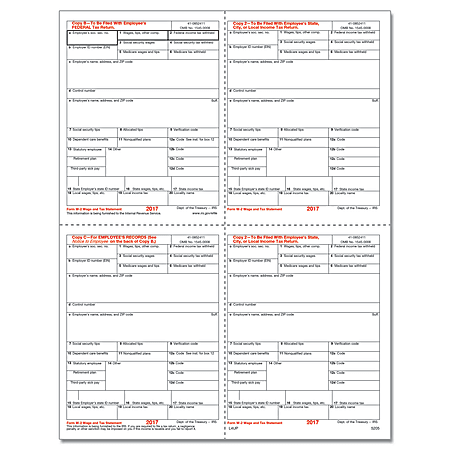 ComplyRight W-2 Inkjet/Laser Tax Forms For 2017, Employee Copies B, C, 2 And Extra File Copy With Employee Information On Back, 4-Up, 8 1/2" x 11", Pack Of 50 Forms