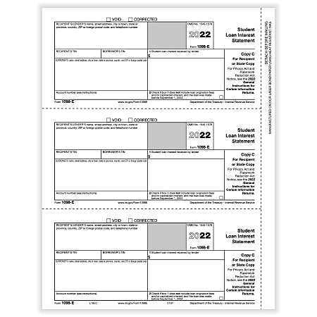 ComplyRight™ 1098-E Tax Forms, 3-Up, Recipient Copy C And/Or State Copy, Laser, 8-1/2" x 11", Pack Of 150 Forms