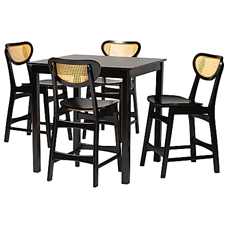 Baxton Studio Hesper Mid-Century Modern Finished Wood/Rattan 5-Piece Pub Set, 36"H x 35-7/16"W x 35-7/16"D, Dark Brown/Light Brown