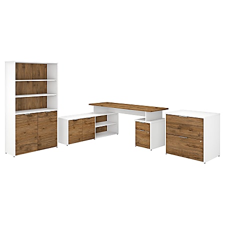 Bush Business Furniture Jamestown 72"W L-Shaped Desk With Lateral File Cabinet And 5-Shelf Bookcase, Fresh Walnut/White, Standard Delivery