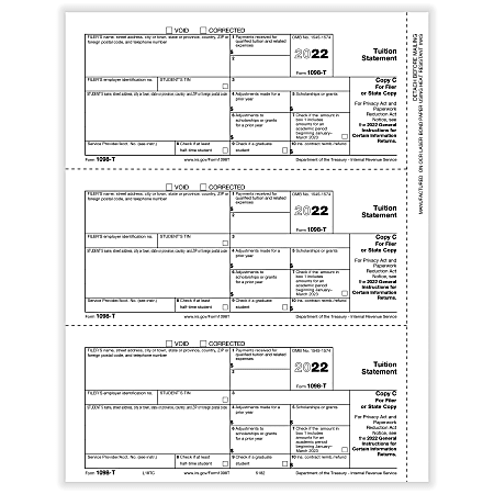 ComplyRight™ 1098-T Tax Forms, 3-Up, Filer Copy C And/Or State Copy, Laser, 8-1/2" x 11", Pack Of 150 Forms