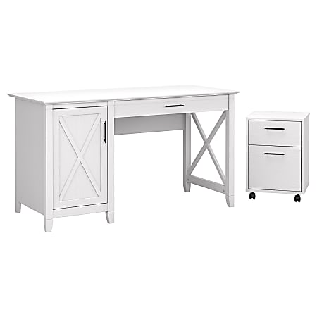 Bush Furniture Key West 54"W Computer Desk With Storage And 2-Drawer Mobile File Cabinet, Pure White Oak, Standard Delivery