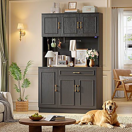 Bestier 41" Storage Hutch Desk with LED & Power Outlet, Wood Tall Kitchen Pantry Buffet Cabinet, Black
