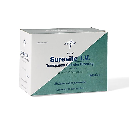 Medline Suresite IV Transparent Film Dressings, 2" x 3", Clear, Pack Of 100