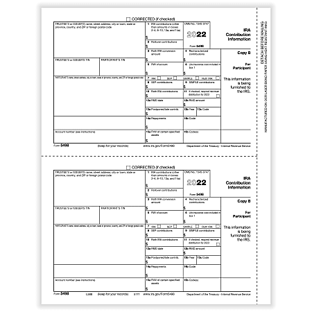 ComplyRight™ 5498-IRA Tax Forms, Participant Copy B, 2-Up, Laser, 8-1/2" x 11", Pack Of 100 Forms