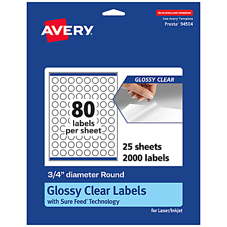 Avery® Glossy Permanent Labels With Sure Feed®, 94504-CGF25, Round, 3/4" Diameter, Clear, Pack Of 2,000