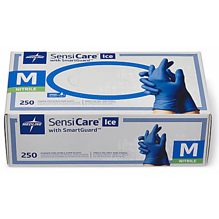 Medline SensiCare Ice Blue Nitrile Exam Gloves - 9.50" Glove - Medium Size - Dark Blue - Comfortable, Chemical Resistant, Latex, 250/PK