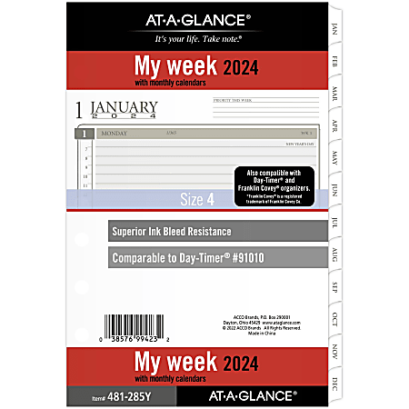 AT-A-GLANCE® Weekly/Monthly Loose-Leaf Planner Refill Pages, 5-1/2" x 8-1/2", January to December 2024, 481-285Y