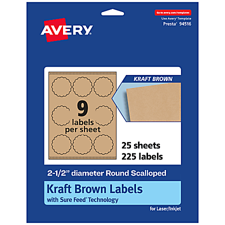 Avery® Kraft Permanent Labels With Sure Feed®, 94516-KMP25, Round Scalloped, 2-1/2" Diameter, Brown, Pack Of 225