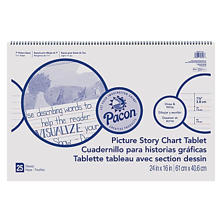 Pacon Ruled Picture Story Chart Tablet - 25 Sheets - Spiral Bound - Both Side Ruling Surface - Ruled - 1.50" Ruled - 7" Picture Story Space - 24" x 16" - White Paper - Punched - Recycled - 25 / Each