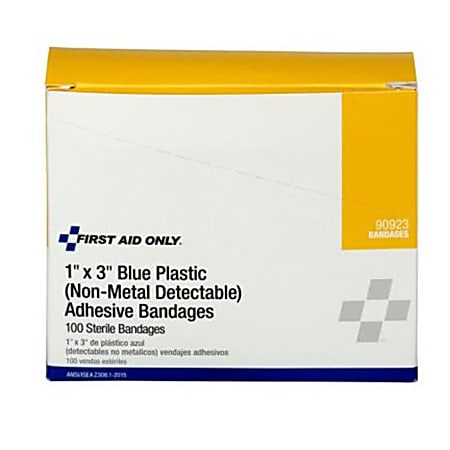 First Aid Only Bandages, 1" x 3", Blue, Box Of 100 Bandages