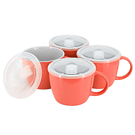 Gibson Home On The Go 4-Piece Stoneware Soup Cup Set With Lids, 25 Oz, Red