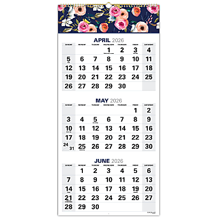 2026-2027 Excello Brands Academic Year Large Print 3-Month View Wall Calendar, 27" x 13", Navy Floral, April To December, Total Qty 1