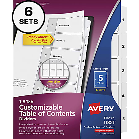 Avery Ready Index Classification Folder Binder Dividers, 8-1/2" x 11, White, 5 Dividers Per Set, Pack Of 6 Sets