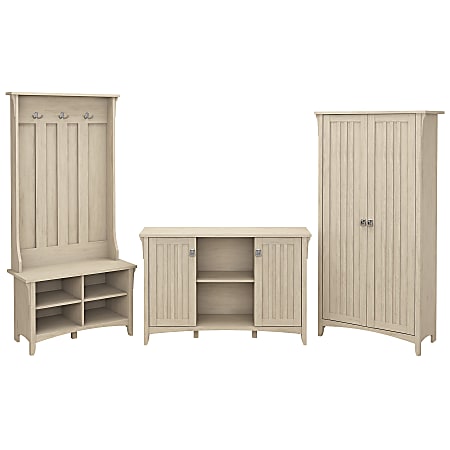 Bush Furniture Salinas Entryway Storage Set With Hall Tree, Shoe Bench And Accent Cabinets, Antique White, Standard Delivery