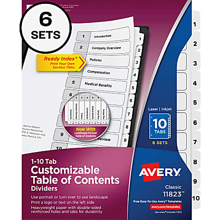 Avery® Ready Index Table Of Contents Binder Dividers, 8-1/2" x 11", White, 10 Tabs Per Pack, Set Of 6 Packs