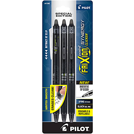 Pilot® FriXion Synergy Clicker Erasable Retractable Gel Pens, Extra-Fine Point, 0.5 mm, Black Barrel, Black Ink, Pack of 3 Pens