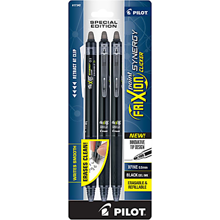 Pilot® FriXion Synergy Clicker Erasable Retractable Gel Pens, Extra-Fine Point, 0.5 mm, Black Barrel, Black Ink, Pack of 3 Pens