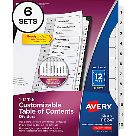 Avery® Ready Index Binder Dividers, 8-1/2" x 11", White, 12 Tabs Per Pack, Set Of 6 Packs