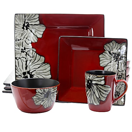 Elama 16-Piece Stoneware Dinnerware Set, Winter Bloom