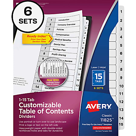 Avery® Ready Index® Dividers, 1-15 Tab & Customizable