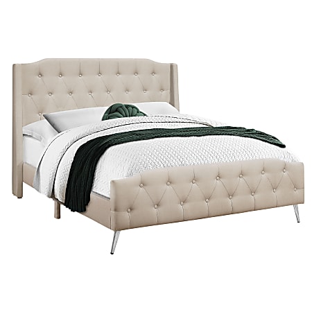 Monarch Specialties Dwight Queen Bed, 88-1/4”L x 66-1/4”W x 66-1/4”D, Beige/Chrome