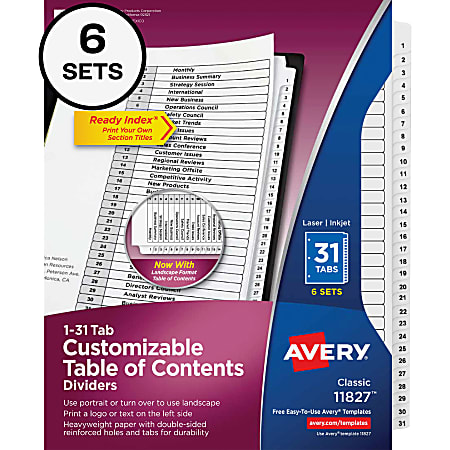 Avery® Ready Index® Dividers, 1-31 Tab & Customizable Table Of Contents, Letter Size, Black/White ,31 Dividers Per Pack, Set Of 6 Packs