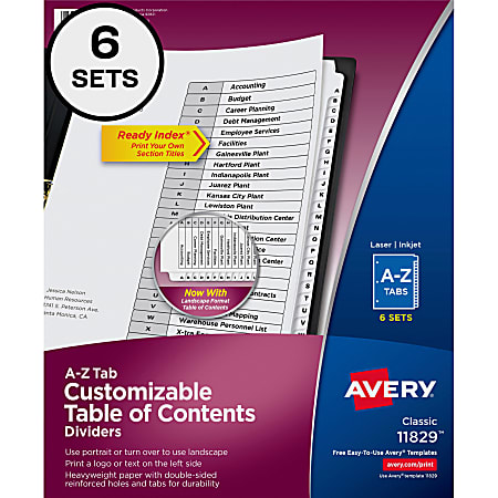 Avery® A-Z Tab Dividers, 8-1/2" x 11", Black/White, Pack Of 6 Sets