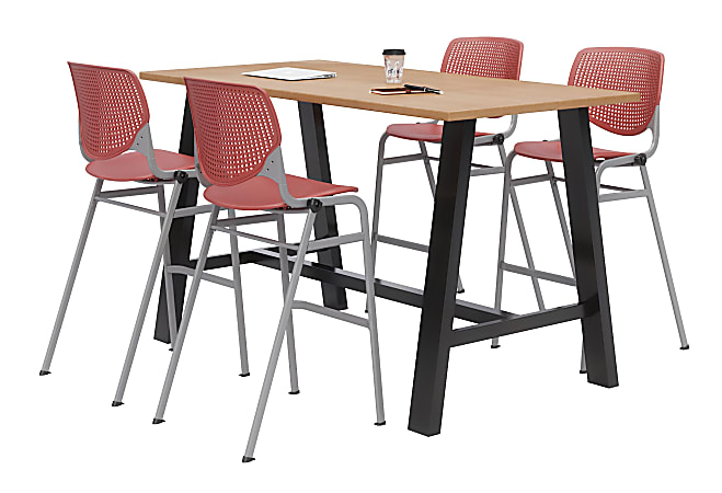 KFI Studios Midtown Bistro Table With 4 Stacking Chairs, 41"H x 36"W x 72"D, Kensington Maple/Coral Orange