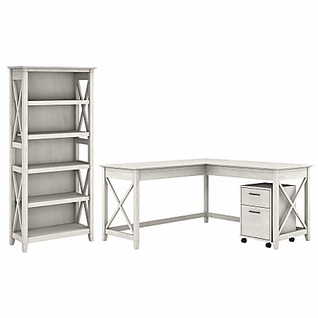 Bush Business Furniture Key West 60"W L-Shaped Corner Desk With 2-Drawer Mobile File Cabinet And 5-Shelf Bookcase, Linen White Oak, Standard Delivery