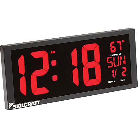 SKILCRAFT® LED Self-Set Digital Clock, 5-15/16"H x 14-7/16"W x 1-13/16"D, Black