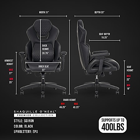 Shaquille O'Neal™ Sciron Big & Tall Ergonomic High-Back Vegan Leather Executive Gaming Office Chair, Black, BIFMA Compliant