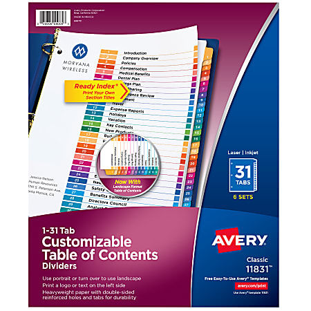 Avery® Ready Index® Binder Dividers, Customizable Table Of Contents, 31 Tab, Multicolor, Set Of 6 Sets