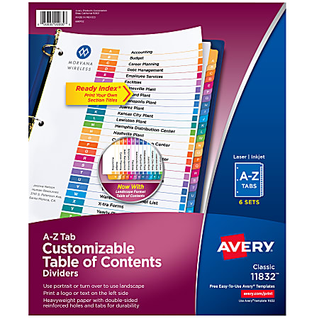 Avery® Ready Index® Dividers, A-Z Tab & Customizable Table of Contents, 8-1/2" x 11", 26 Tab, Multicolor, Pack Of 6 Sets