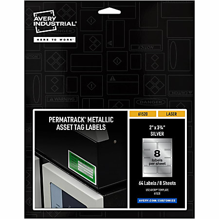 Avery® PermaTrack Metallic Asset Tag Labels, 2" x 3-3/4", Silver, 8 Per Sheet, Pack of 8 Sheets