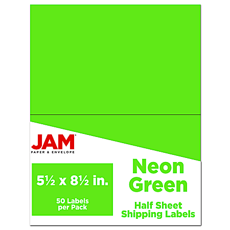 JAM Paper® Half-Page Mailing And Shipping Labels, Rectangle, 5-1/2" x 8-1/2", Neon Green, Pack Of 50 Labels