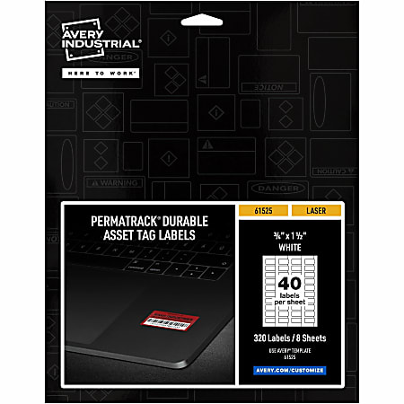 Avery® PermaTrack Durable White Asset Tag Labels, 3/4" x 1-1/2" , 320 Asset Tags - 3/4" Width x 1 1/2" Length - Permanent Adhesive - Rectangle - Laser - White - Film - 40 / Sheet - 8 Total Sheets - 320 Total Label(s) - 5 - Water Resistant
