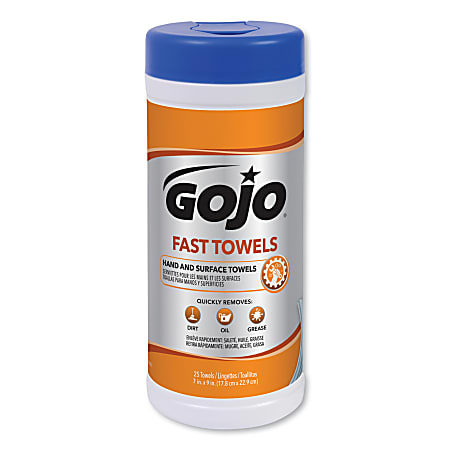 Gojo® Fast Wipes Hand Cleaning Towels, Citrus Scent, 7" x 9", 25 Wipes Per Canister, Pack Of 6 Canisters