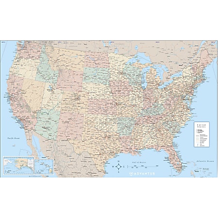 Advantus Laminated USA Wall Map, 50"W x 32"H, Assorted, Home, Office, Classroom, Laminated, Durable