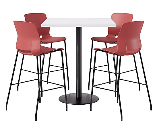 KFI Studios Proof Bistro Square Pedestal Table With Imme Bar Stools, Includes 4 Stools, 43-1/2”H x 42”W x 42”D, Designer White Top/Black Base/Coral Chairs