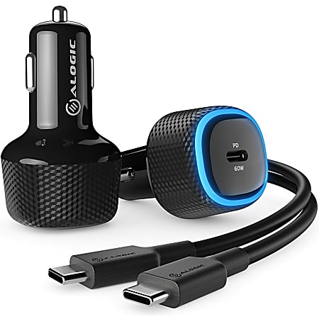 Alogic 60W car charger USB-C ports fast charging for laptops, tablets, and smartphones with 1m cable, CRC60