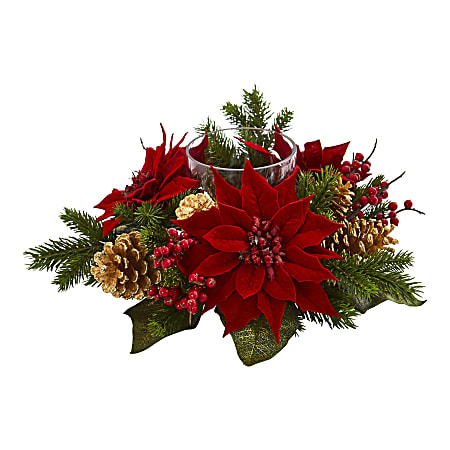 Nearly Natural 14”H Poinsettia, Berry And Golden Pine Cone Candelabrum Artificial Arrangement, 14”H x 14”W x 6”D, Clear/Red